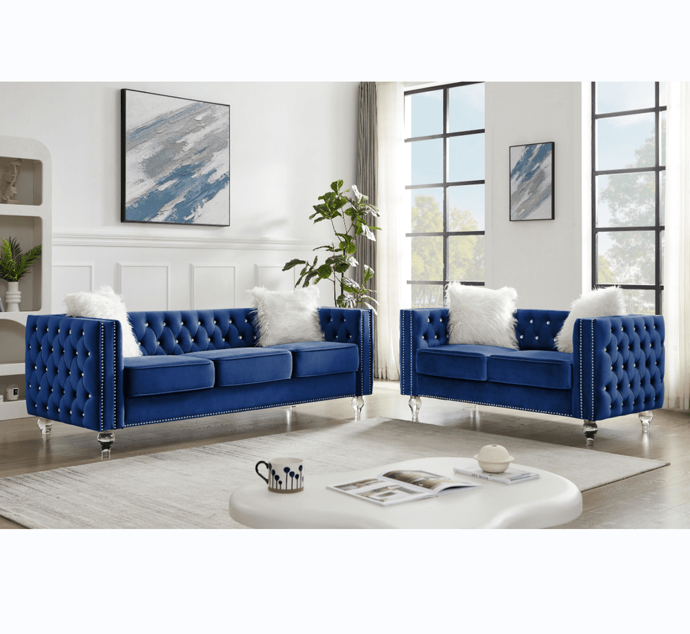 image-Beige, 2+3 Seat Sofa Set, Velvet Crystal Buckle Upholstery Sofa, Crystal Feet, Removable Cushion, Four Plush Pillow