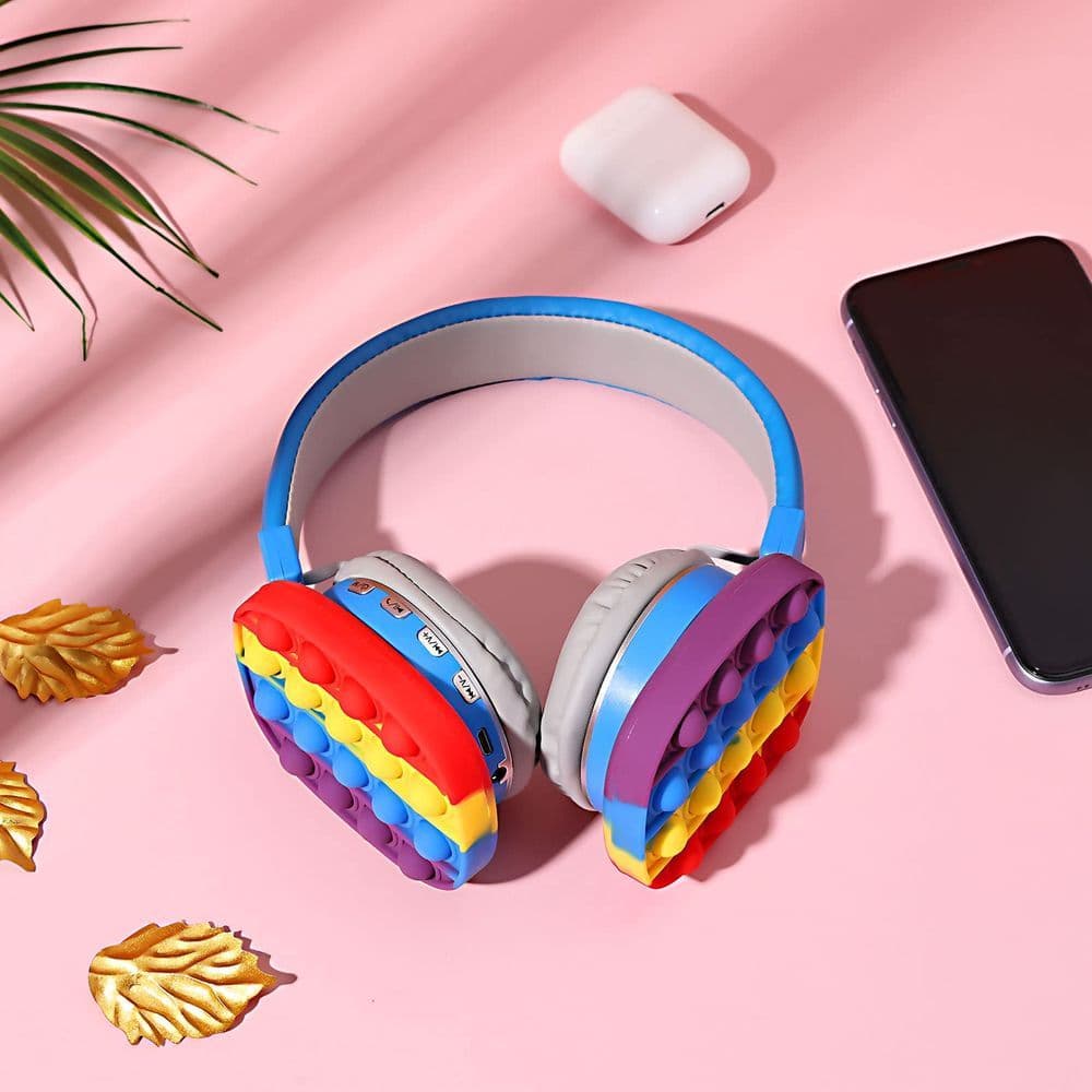 image-Fidget Headphones Kids Toy Headset, Wireless Bluetooth Headphone Pop Bubble On-Ear Headphone Fidget Toy Rainbow Color Fidget Headset for Children Adults (Blue)