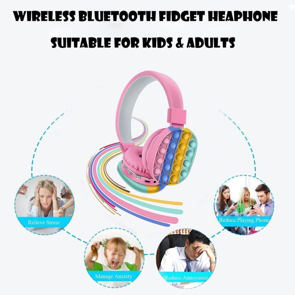 image-Fidget Headphones Kids Toy Headset, Wireless Bluetooth Headphone Pop Bubble On-Ear Headphone Fidget Toy Rainbow Color Fidget Headset for Children Adults (Pink)