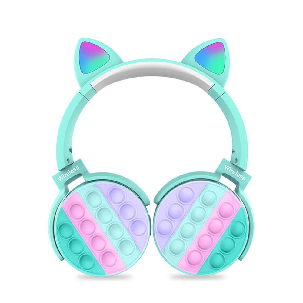 image-Fidget Headphones Kids Toy Headset, Wireless Bluetooth Headphone Pop Bubble On-Ear Headphone Fidget Toy Rainbow Color Fidget Headset for Children Adults (Cyan-Cat)