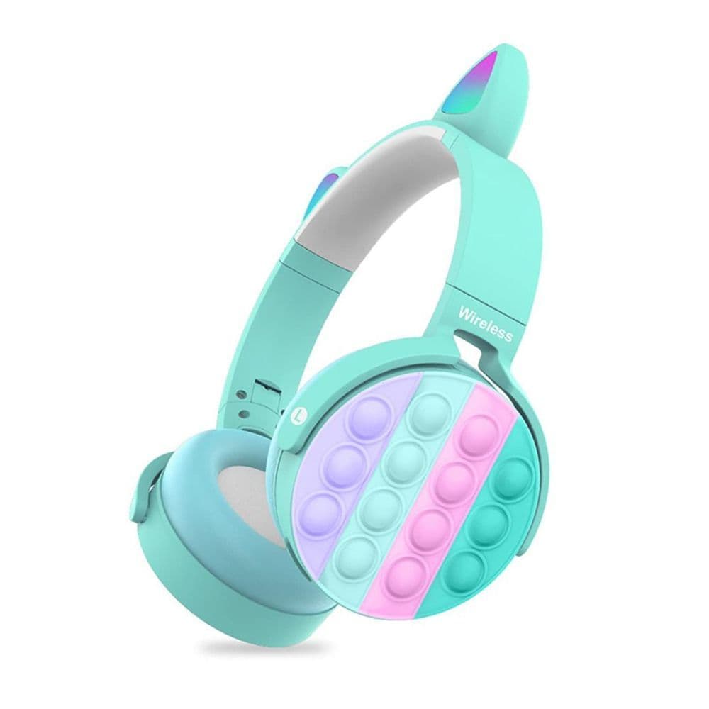 image-Fidget Headphones Kids Toy Headset, Wireless Bluetooth Headphone Pop Bubble On-Ear Headphone Fidget Toy Rainbow Color Fidget Headset for Children Adults (Cyan-Cat)