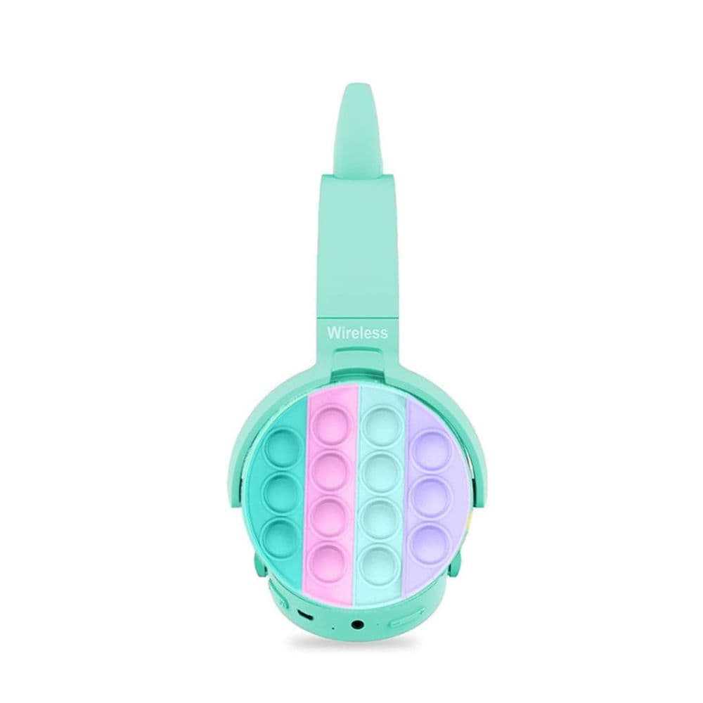 image-Fidget Headphones Kids Toy Headset, Wireless Bluetooth Headphone Pop Bubble On-Ear Headphone Fidget Toy Rainbow Color Fidget Headset for Children Adults (Cyan-Cat)