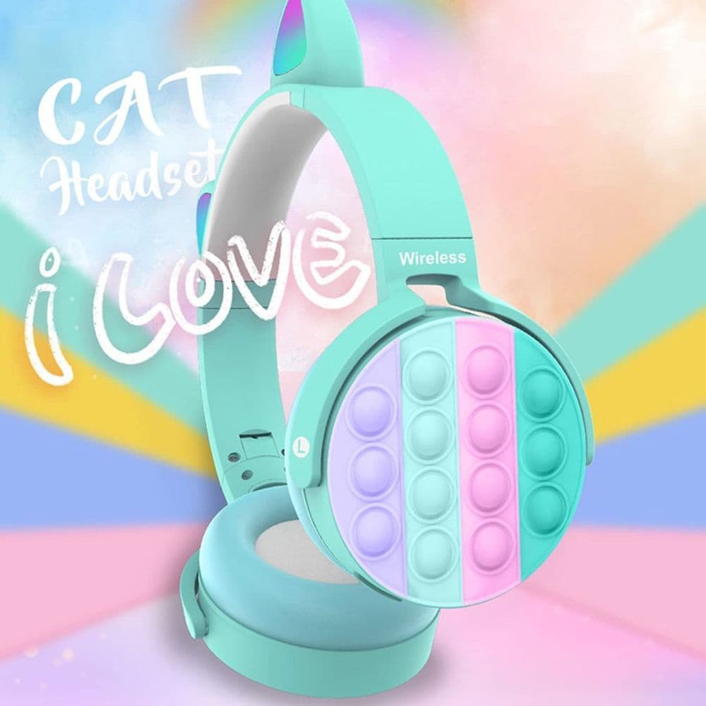 image-Fidget Headphones Kids Toy Headset, Wireless Bluetooth Headphone Pop Bubble On-Ear Headphone Fidget Toy Rainbow Color Fidget Headset for Children Adults (Cyan-Cat)