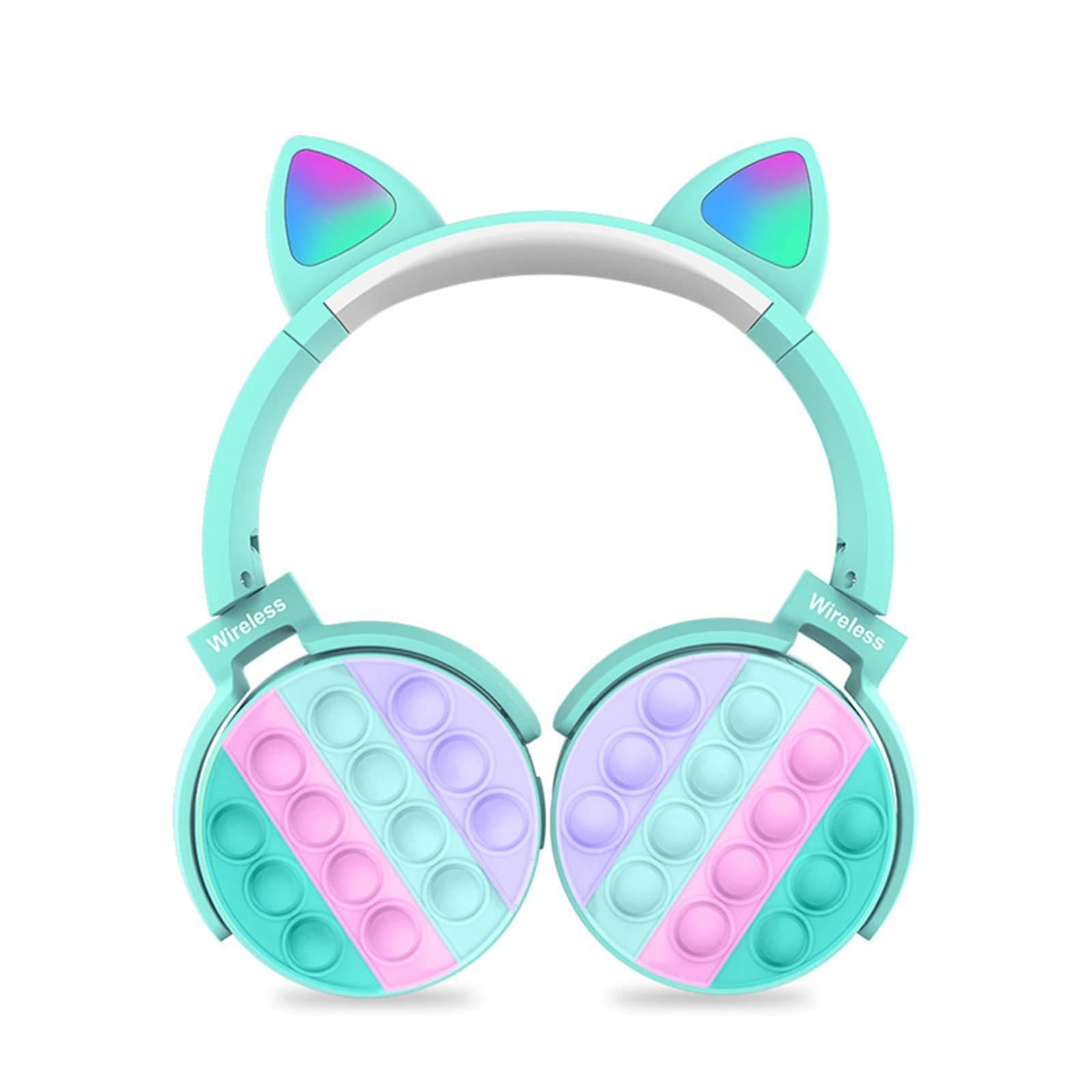 image-Fidget Headphones Kids Toy Headset, Wireless Bluetooth Headphone Pop Bubble On-Ear Headphone Fidget Toy Rainbow Color Fidget Headset for Children Adults (Cyan-Cat)