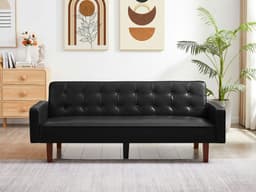 image-Black Convertible Double Folding Living Room Sofa Bed, PU Leather, Tufted Buttons,Removable Wooden Feet