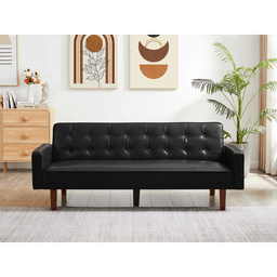 image-Black Convertible Double Folding Living Room Sofa Bed, PU Leather, Tufted Buttons,Removable Wooden Feet