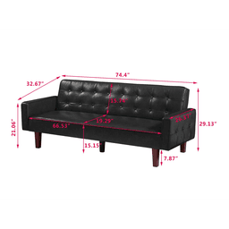 image-Black Convertible Double Folding Living Room Sofa Bed, PU Leather, Tufted Buttons,Removable Wooden Feet