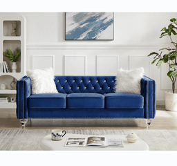 image-Beige, Three-seater Sofa, Velvet Crystal Buckle Upholstery Sofa, Crystal Feet, Removable Cushion, Two Plush Pillow