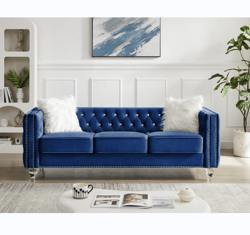 image-Beige, Three-seater Sofa, Velvet Crystal Buckle Upholstery Sofa, Crystal Feet, Removable Cushion, Two Plush Pillow