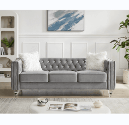 image-Beige, Three-seater Sofa, Velvet Crystal Buckle Upholstery Sofa, Crystal Feet, Removable Cushion, Two Plush Pillow