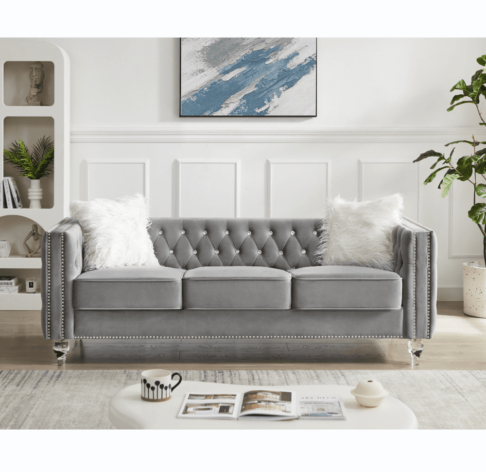 image-Beige, Three-seater Sofa, Velvet Crystal Buckle Upholstery Sofa, Crystal Feet, Removable Cushion, Two Plush Pillow
