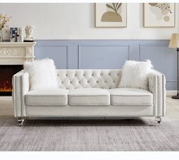 image-Beige, Three-seater Sofa, Velvet Crystal Buckle Upholstery Sofa, Crystal Feet, Removable Cushion, Two Plush Pillow