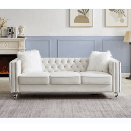 image-Beige, Three-seater Sofa, Velvet Crystal Buckle Upholstery Sofa, Crystal Feet, Removable Cushion, Two Plush Pillow