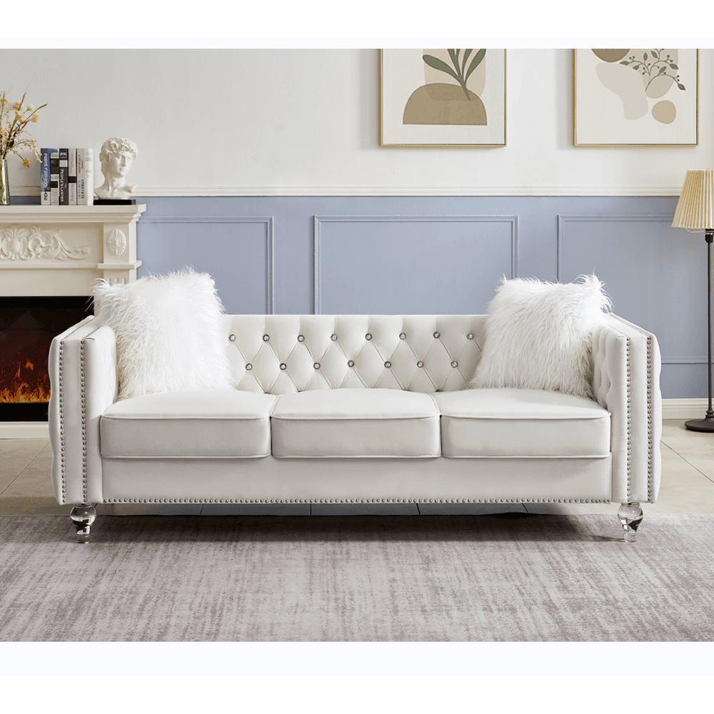 image-Beige, Three-seater Sofa, Velvet Crystal Buckle Upholstery Sofa, Crystal Feet, Removable Cushion, Two Plush Pillow