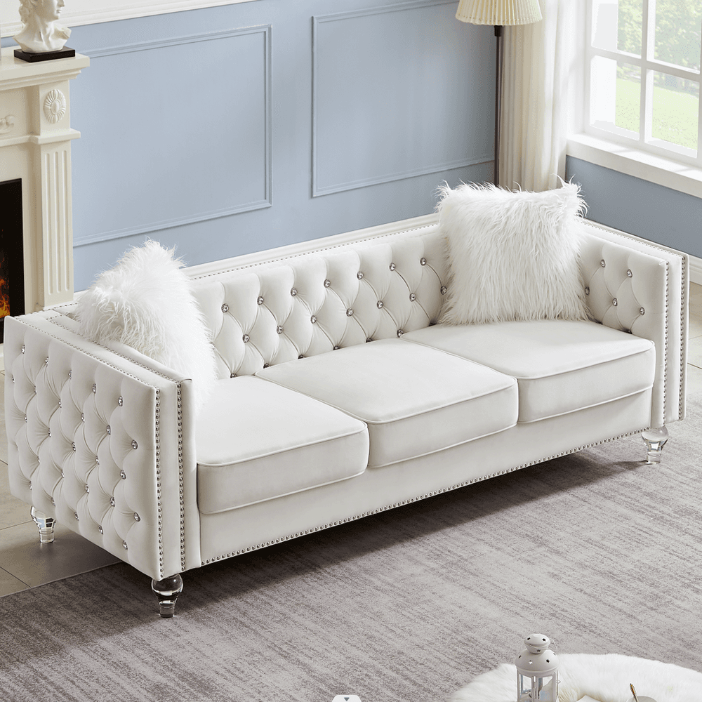image-Beige, Three-seater Sofa, Velvet Crystal Buckle Upholstery Sofa, Crystal Feet, Removable Cushion, Two Plush Pillow