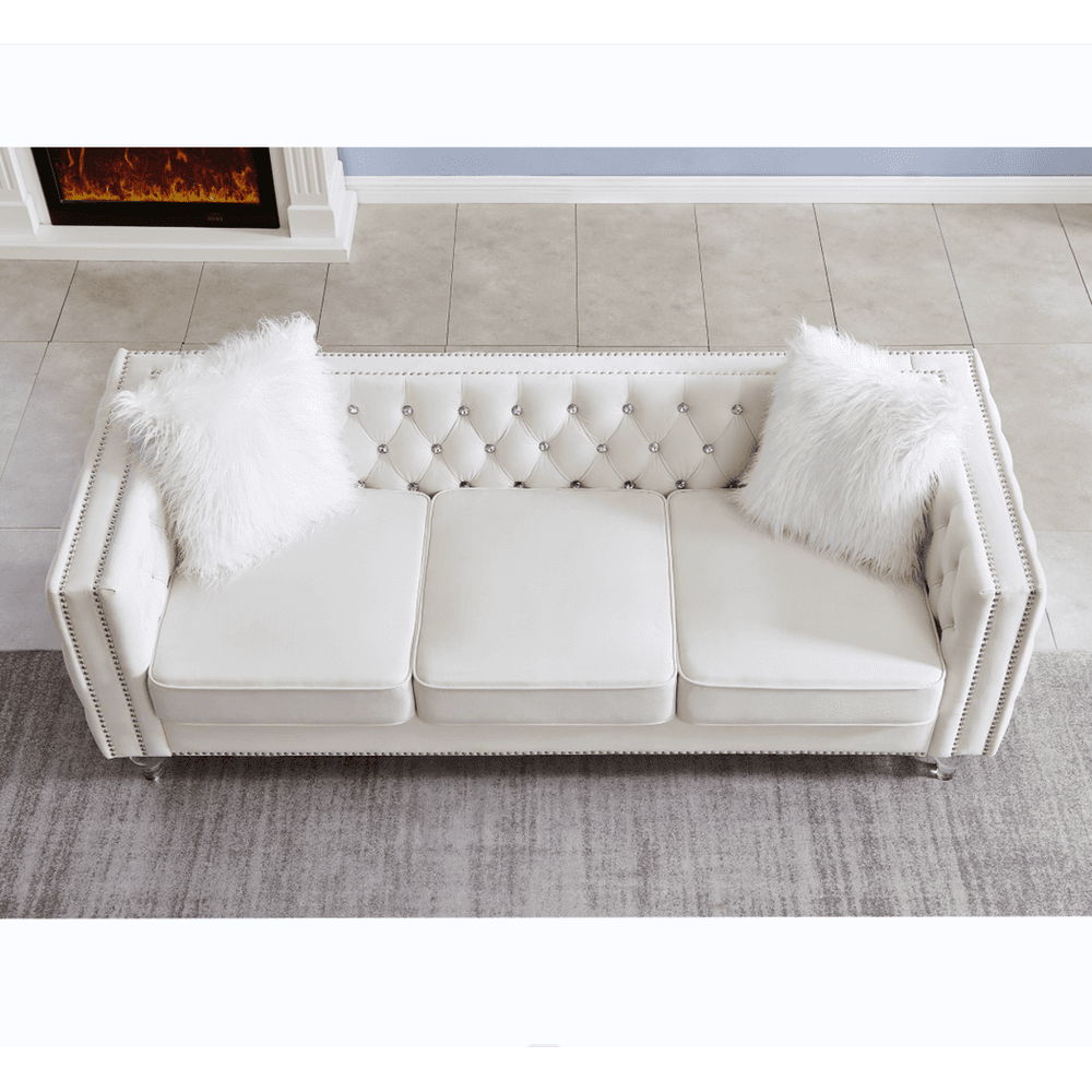 image-Beige, Three-seater Sofa, Velvet Crystal Buckle Upholstery Sofa, Crystal Feet, Removable Cushion, Two Plush Pillow