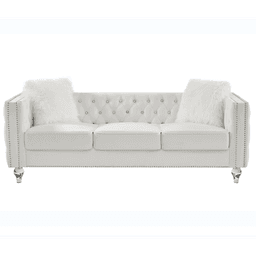 image-Beige, Three-seater Sofa, Velvet Crystal Buckle Upholstery Sofa, Crystal Feet, Removable Cushion, Two Plush Pillow