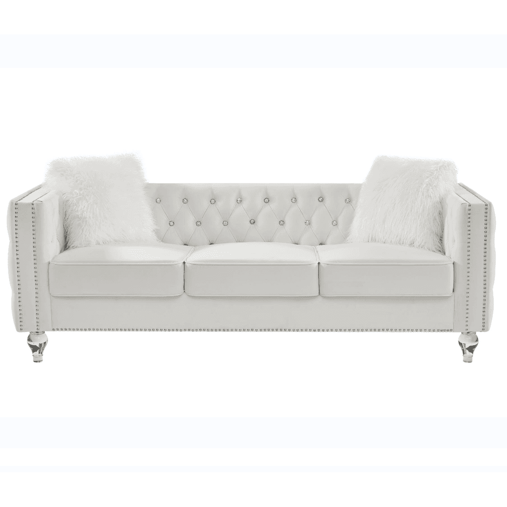image-Beige, Three-seater Sofa, Velvet Crystal Buckle Upholstery Sofa, Crystal Feet, Removable Cushion, Two Plush Pillow