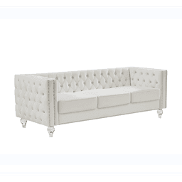 image-Beige, Three-seater Sofa, Velvet Crystal Buckle Upholstery Sofa, Crystal Feet, Removable Cushion, Two Plush Pillow