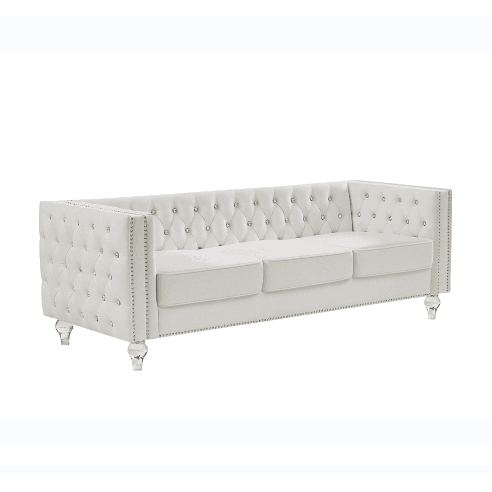 image-Beige, Three-seater Sofa, Velvet Crystal Buckle Upholstery Sofa, Crystal Feet, Removable Cushion, Two Plush Pillow