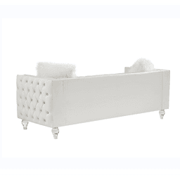 image-Beige, Three-seater Sofa, Velvet Crystal Buckle Upholstery Sofa, Crystal Feet, Removable Cushion, Two Plush Pillow