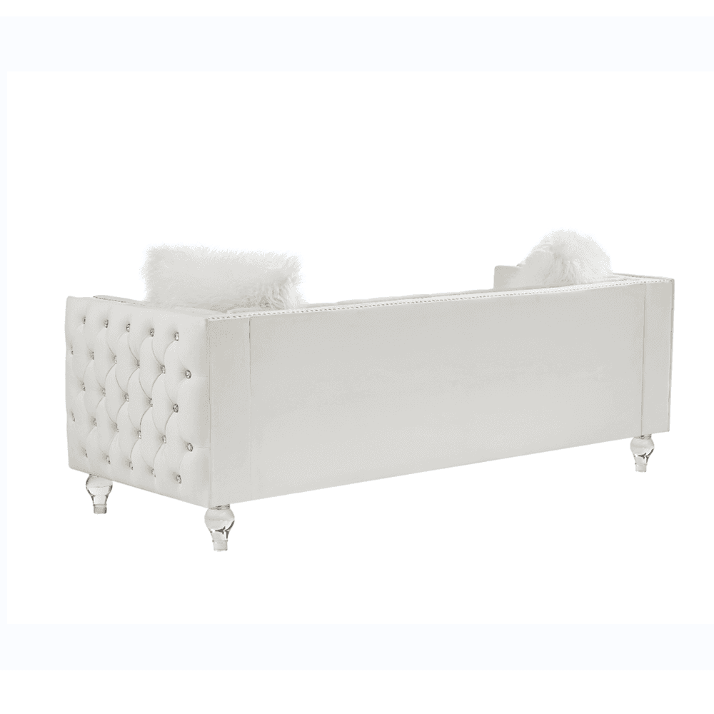 image-Beige, Three-seater Sofa, Velvet Crystal Buckle Upholstery Sofa, Crystal Feet, Removable Cushion, Two Plush Pillow