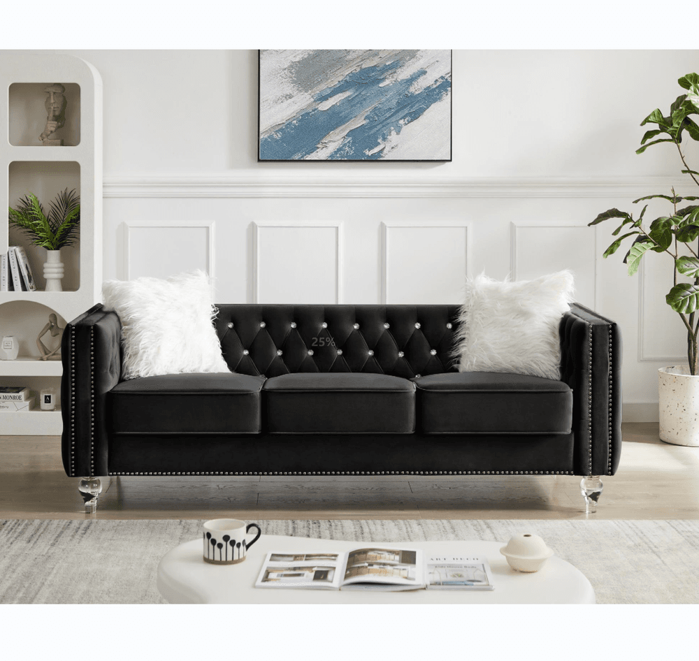 image-Beige, Three-seater Sofa, Velvet Crystal Buckle Upholstery Sofa, Crystal Feet, Removable Cushion, Two Plush Pillow