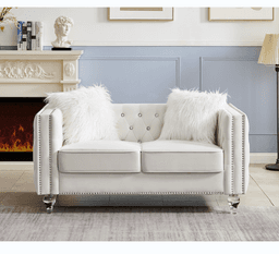 image-Beige, Two-seater Sofa, Velvet Crystal Buckle Upholstery Sofa, Crystal Feet, Removable Cushion, Two Plush Pillow