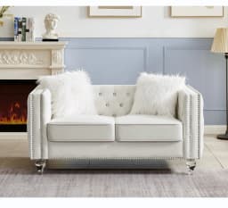 image-Beige, Two-seater Sofa, Velvet Crystal Buckle Upholstery Sofa, Crystal Feet, Removable Cushion, Two Plush Pillow