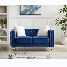 image-Beige, Two-seater Sofa, Velvet Crystal Buckle Upholstery Sofa, Crystal Feet, Removable Cushion, Two Plush Pillow