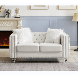 image-Beige, Two-seater Sofa, Velvet Crystal Buckle Upholstery Sofa, Crystal Feet, Removable Cushion, Two Plush Pillow