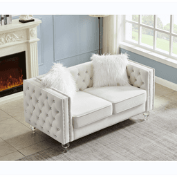 image-Beige, Two-seater Sofa, Velvet Crystal Buckle Upholstery Sofa, Crystal Feet, Removable Cushion, Two Plush Pillow