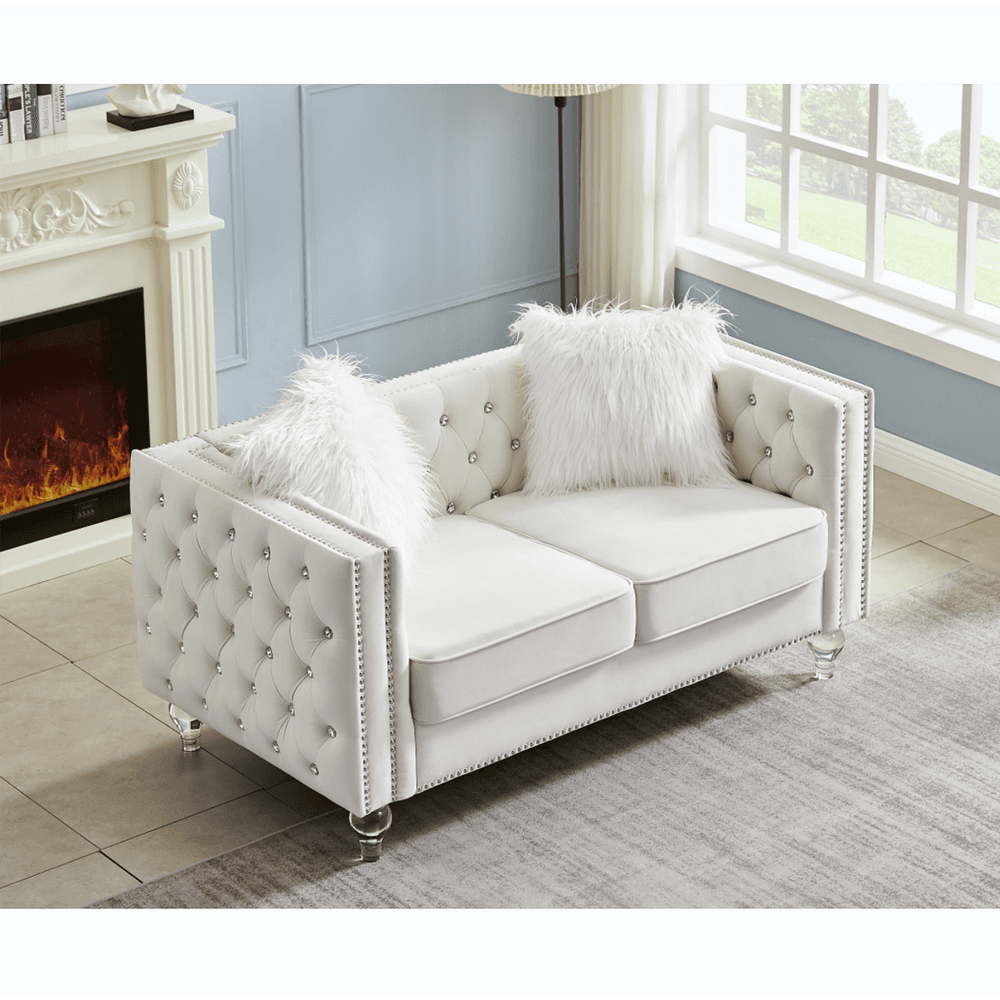 image-Beige, Two-seater Sofa, Velvet Crystal Buckle Upholstery Sofa, Crystal Feet, Removable Cushion, Two Plush Pillow