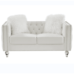 image-Beige, Two-seater Sofa, Velvet Crystal Buckle Upholstery Sofa, Crystal Feet, Removable Cushion, Two Plush Pillow