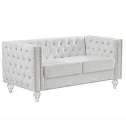 image-Beige, Two-seater Sofa, Velvet Crystal Buckle Upholstery Sofa, Crystal Feet, Removable Cushion, Two Plush Pillow