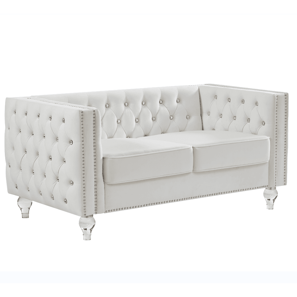 image-Beige, Two-seater Sofa, Velvet Crystal Buckle Upholstery Sofa, Crystal Feet, Removable Cushion, Two Plush Pillow