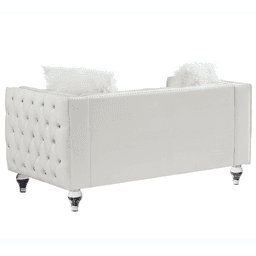 image-Beige, Two-seater Sofa, Velvet Crystal Buckle Upholstery Sofa, Crystal Feet, Removable Cushion, Two Plush Pillow