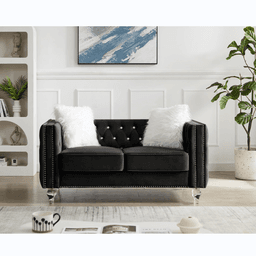 image-Beige, Two-seater Sofa, Velvet Crystal Buckle Upholstery Sofa, Crystal Feet, Removable Cushion, Two Plush Pillow