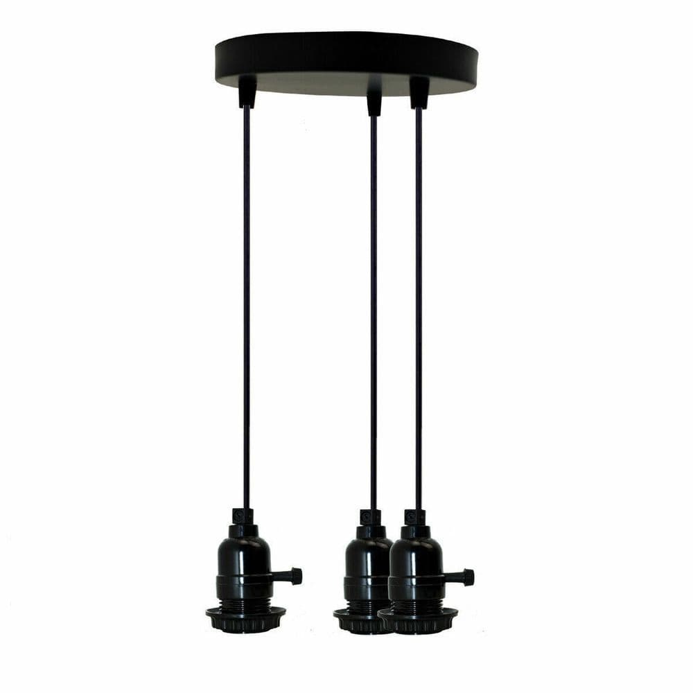 image-Modern 3 Way Black Design Ceiling Pendant Fitting Light Holder with Switch ~ 1556