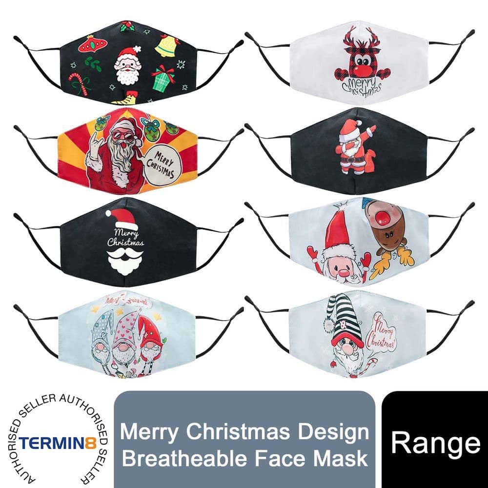 image-Termin8 Unisex Face Mask Printed Christmas Design, Lightweight & Breathable