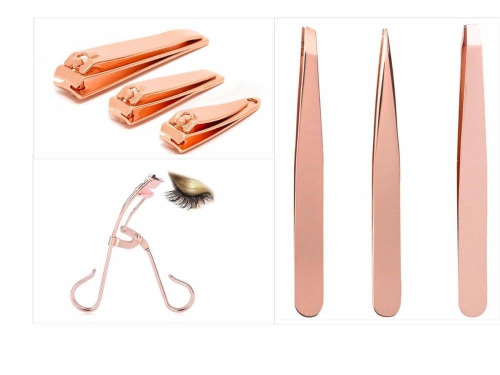 image-3Pcs Nail Clipper 3Pcs Tweezer 1Pc Eyelash Curler Rose Gold Professional Styling