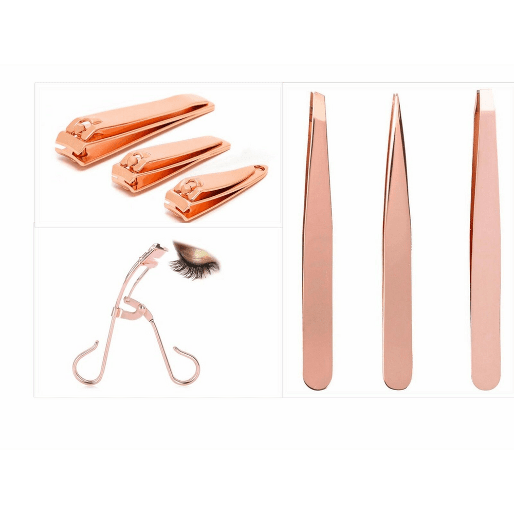 image-3Pcs Nail Clipper 3Pcs Tweezer 1Pc Eyelash Curler Rose Gold Professional Styling