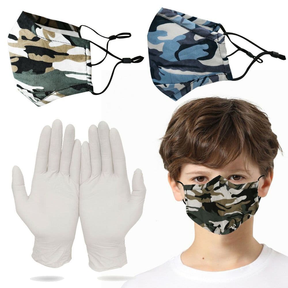 image-Latex X-Small Gloves (Age 6-10) & Spandex Kids Camouflage Face Mask (Age 6-12)