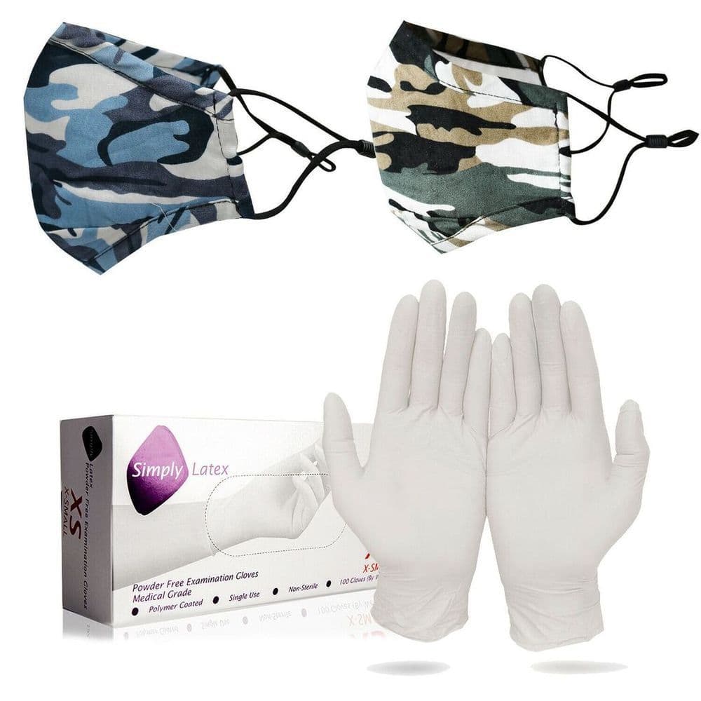 image-Latex X-Small Gloves (Age 6-10) & Spandex Kids Camouflage Face Mask (Age 6-12)