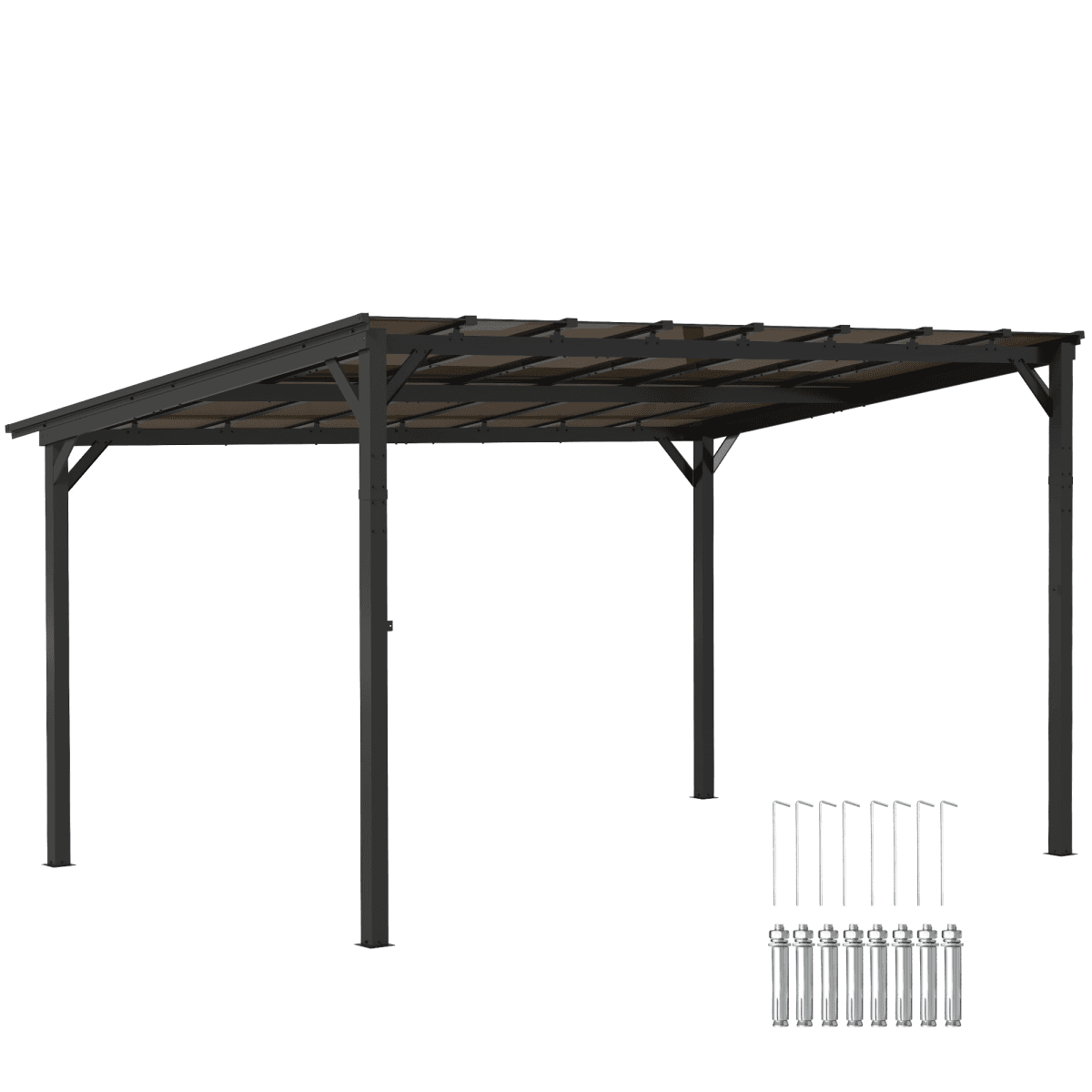 image-3 x 3m Wall-Mounted Pergola Gazebo - Dark Grey Polycarbonate Roof