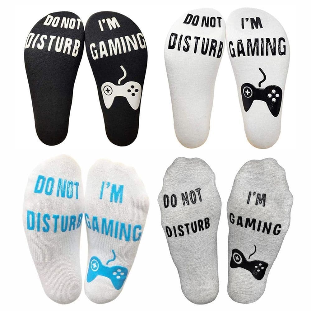 image-Do Not Disturb, I'm Gaming' Funny Ankle Gamer Socks , Black, White, Grey & Blue