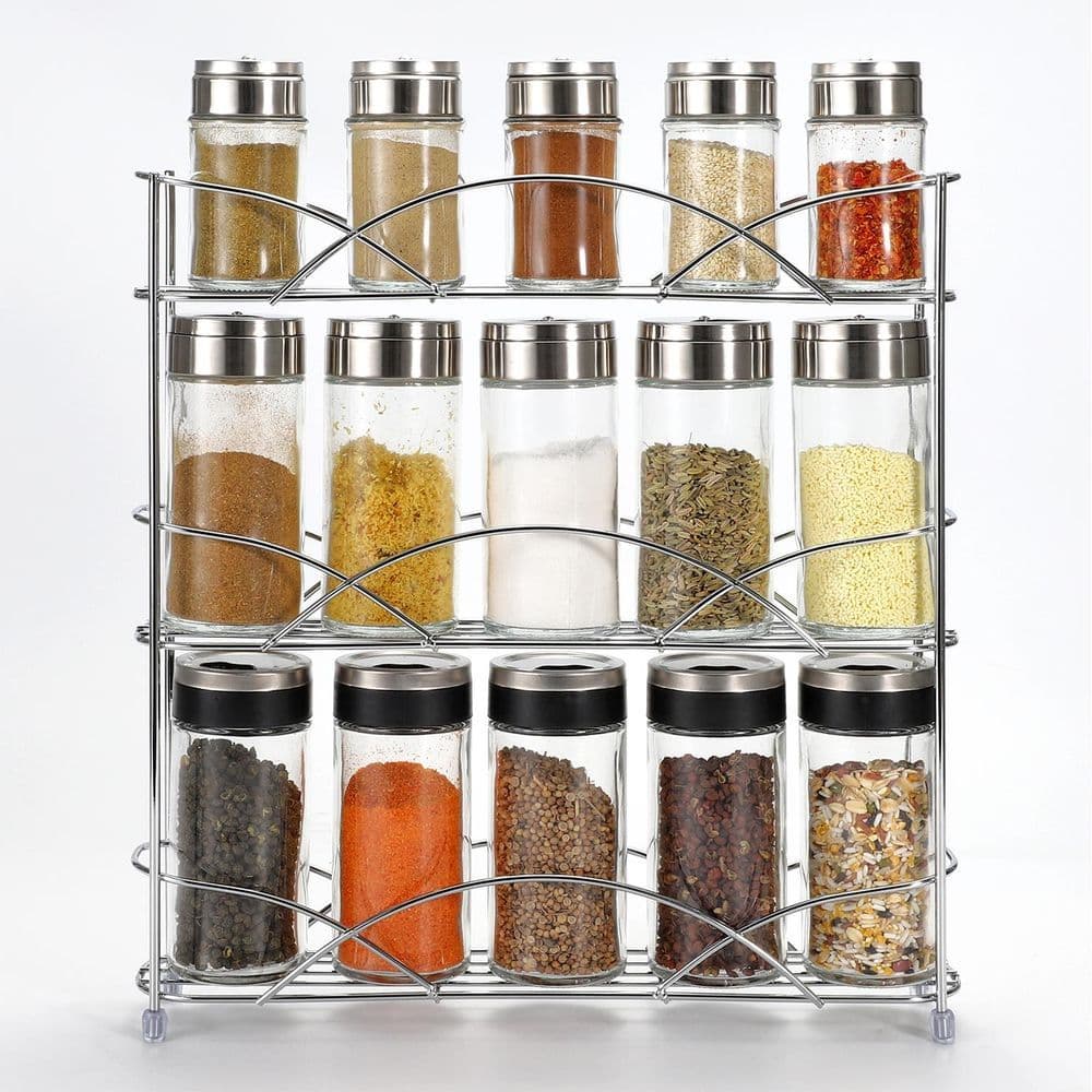 image-Spice Rack 3 Tiers - Kitchen Shelf Organiser for Jars Bottles Space Saving Storage