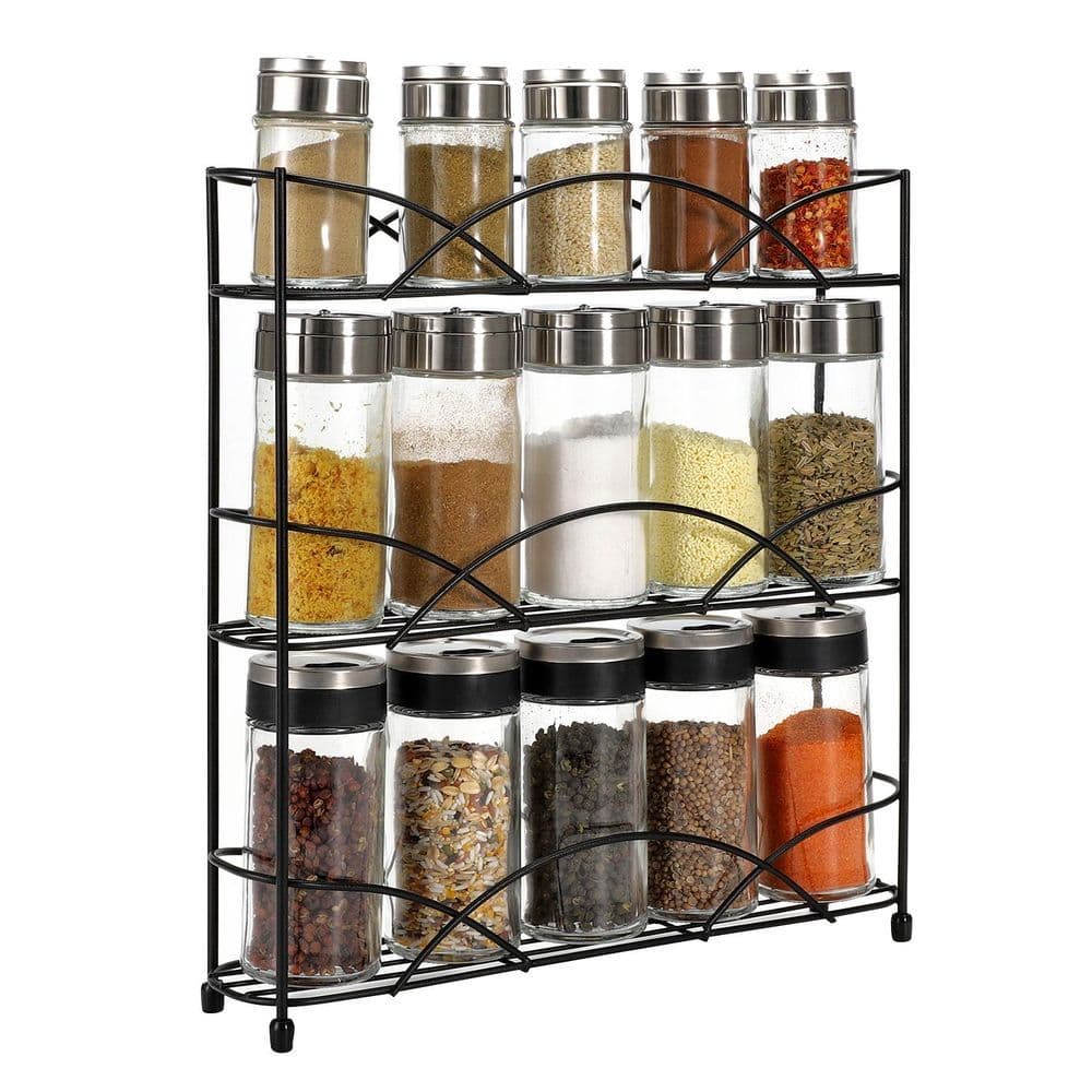 image-Spice Rack 3 Tiers - Kitchen Shelf Organiser for Jars Bottles Space Saving Storage