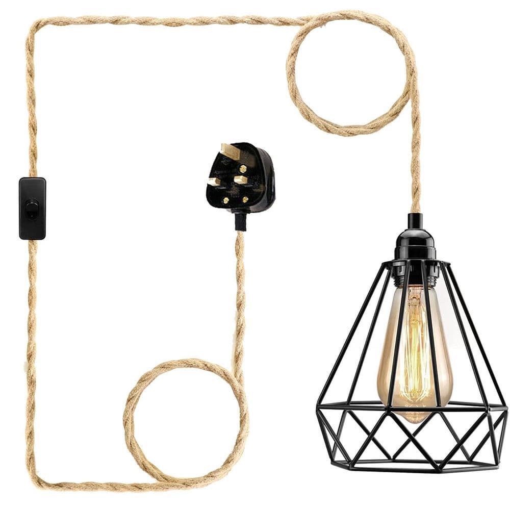 image-Fabric Hemp Flex Cable kit Plug In Pendant Lamp Light E27 Fitting Vintage Lamp