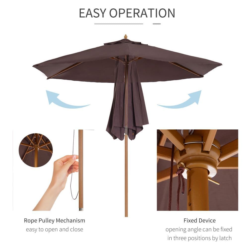 image-Outsunny 2.5m Wood Garden Parasol Sun Shade Patio Outdoor Wooden Umbrella Canopy
